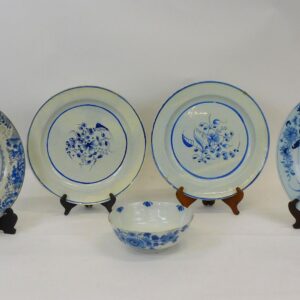 Delft Tin-Glazed Earthenware by Gauthier. 18th Century Blue and White Plates and Bowl.