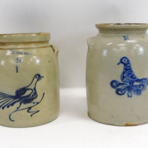 Two Stoneware Crocks with Blue Bird Decoration by Whites