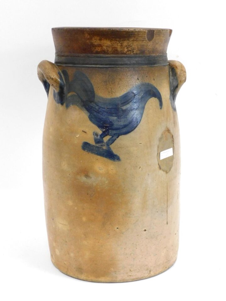 19th Century Stoneware Churn with Blue Bird and Tree Design