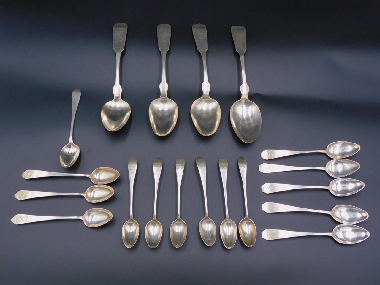 American Coin Silver Spoons by Various Makers. 18th and 19th Century. From the Brenton and Babcock Family Collection.