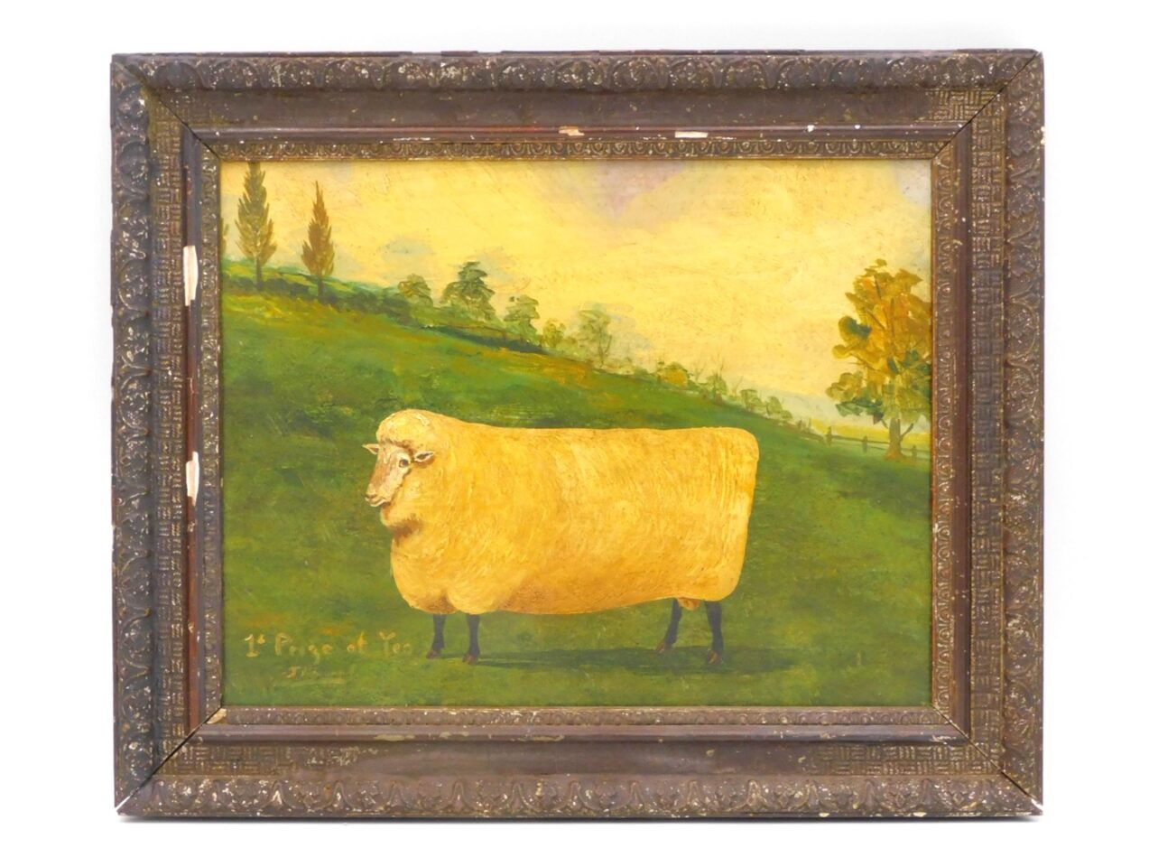 John Smith Primitive Sheep Portrait 19th Century Oil on Board