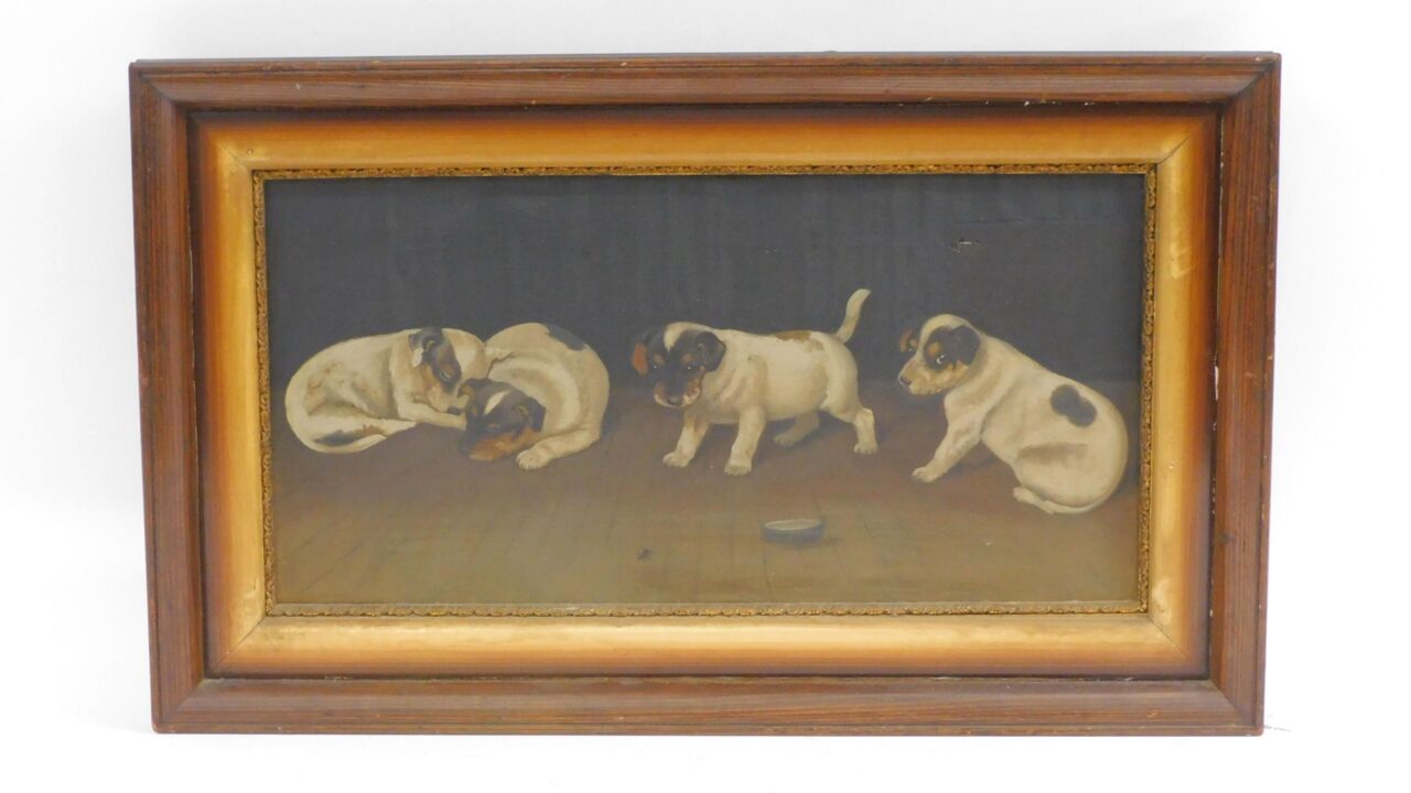 19th Century Oil Painting of Puppies in Walnut Frame by Unknown Artist