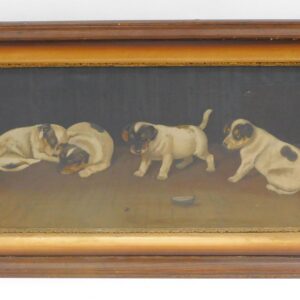 19th Century Oil Painting of Puppies in Walnut Frame by Unknown Artist