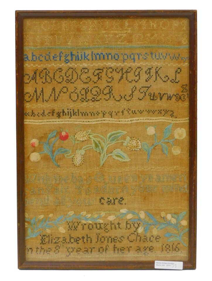 Elizabeth Jones Chace Rhode Island Schoolgirl Sampler 1816 Triple Alphabet Fruit Floral Motto 15" x 10 1/4"