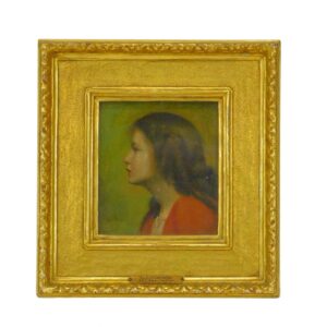 Mary Lizzie Macomber (1861-1916) Late 19th c. Oil portrait "Innocence" of a woman in profile. Original frame.