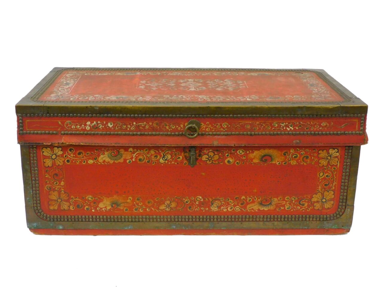 19th Century Chinese Painted Leather-Bound Camphor Chest with Floral Decoration by Unknown Artist