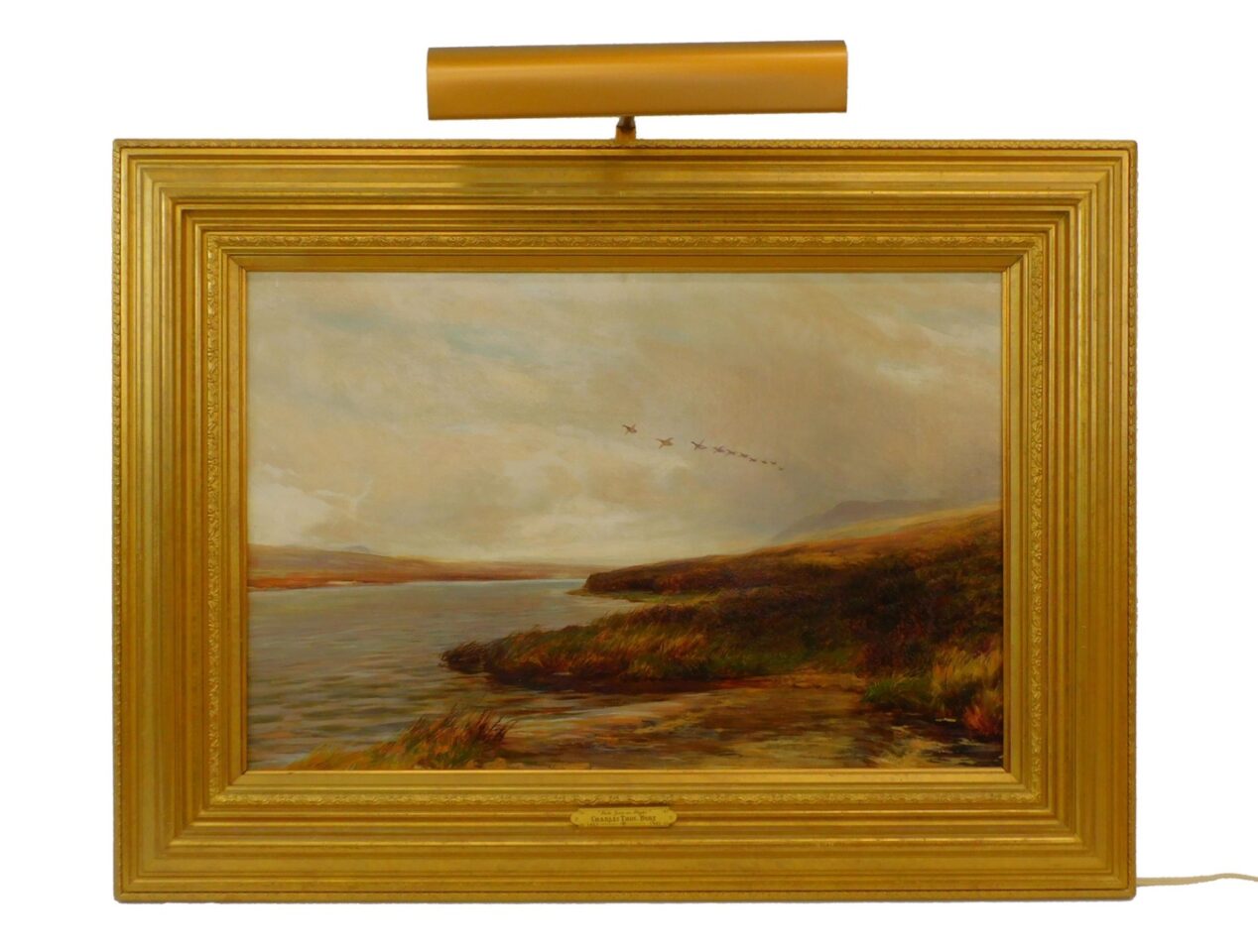 Charles Thomas Bert (1823-1902) "Geese in Flight" 1887 Oil on Canvas in Gilt Frame with Restoration