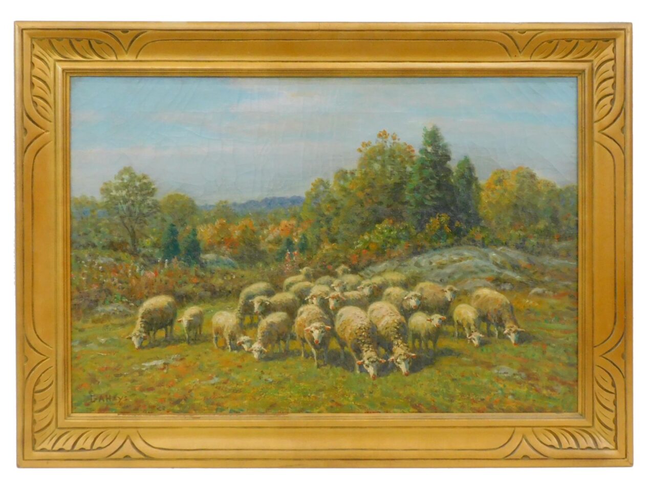 George A Hays "Sheep on the Hill" 19th Century Oil on Canvas in Carved Frame Auction Catalog Listing