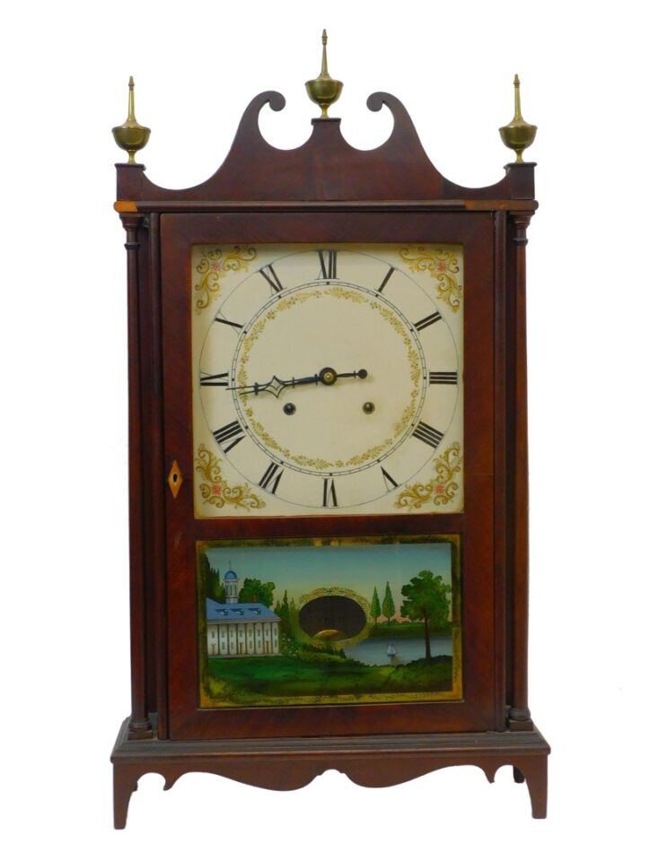 Eli Terry Mahogany Shelf Clock with Mount Vernon Door. 19th century.