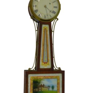 19th Century American Banjo Clock with Mount Vernon Scene. Brass finial