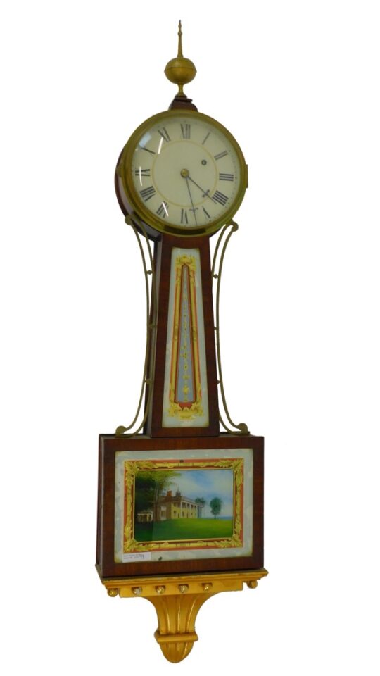 19th Century American Banjo Clock with Mount Vernon Scene. Brass finial