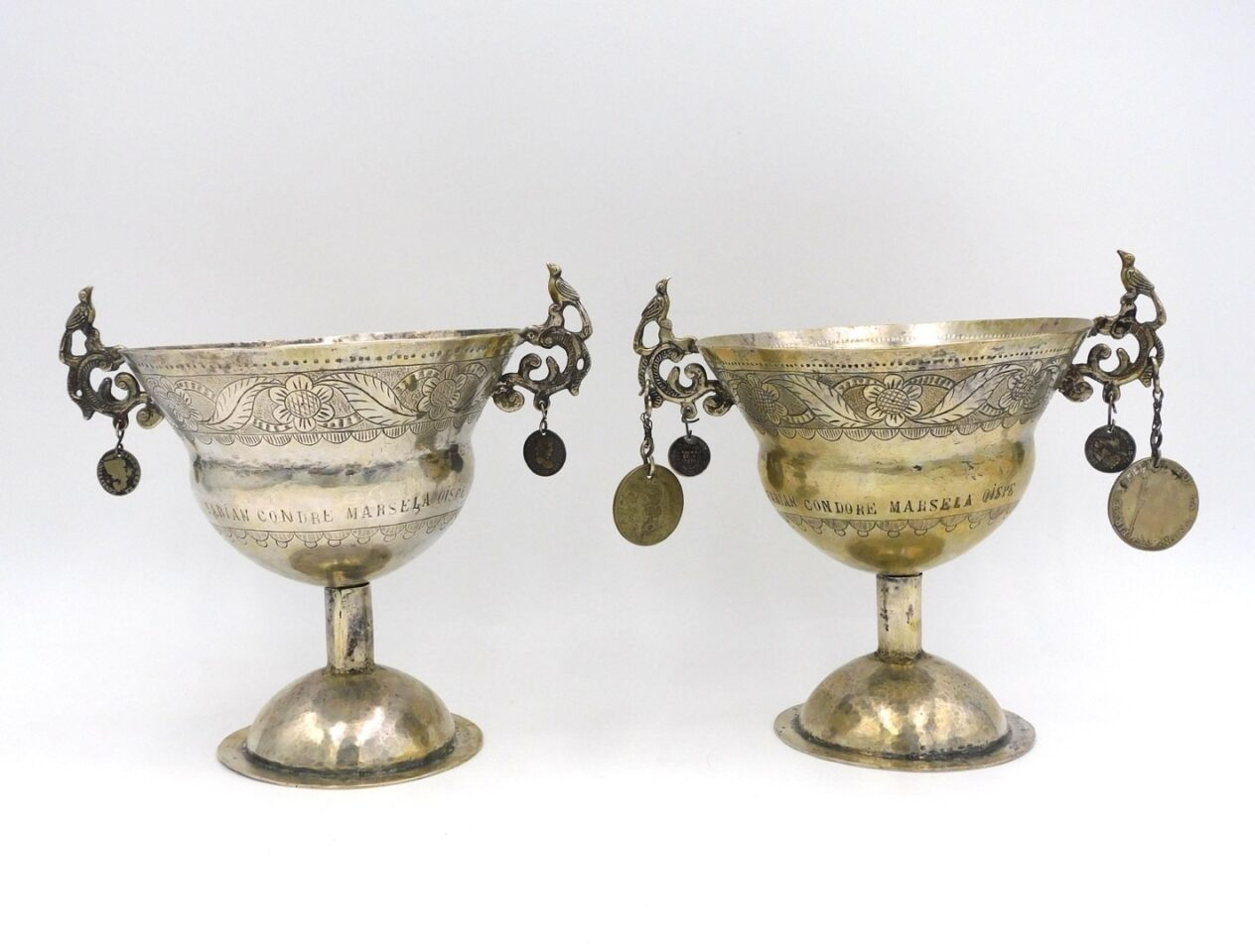 Pair of Peruvian Silver Handled Bowls by Fabian Condore Marsela Quispe