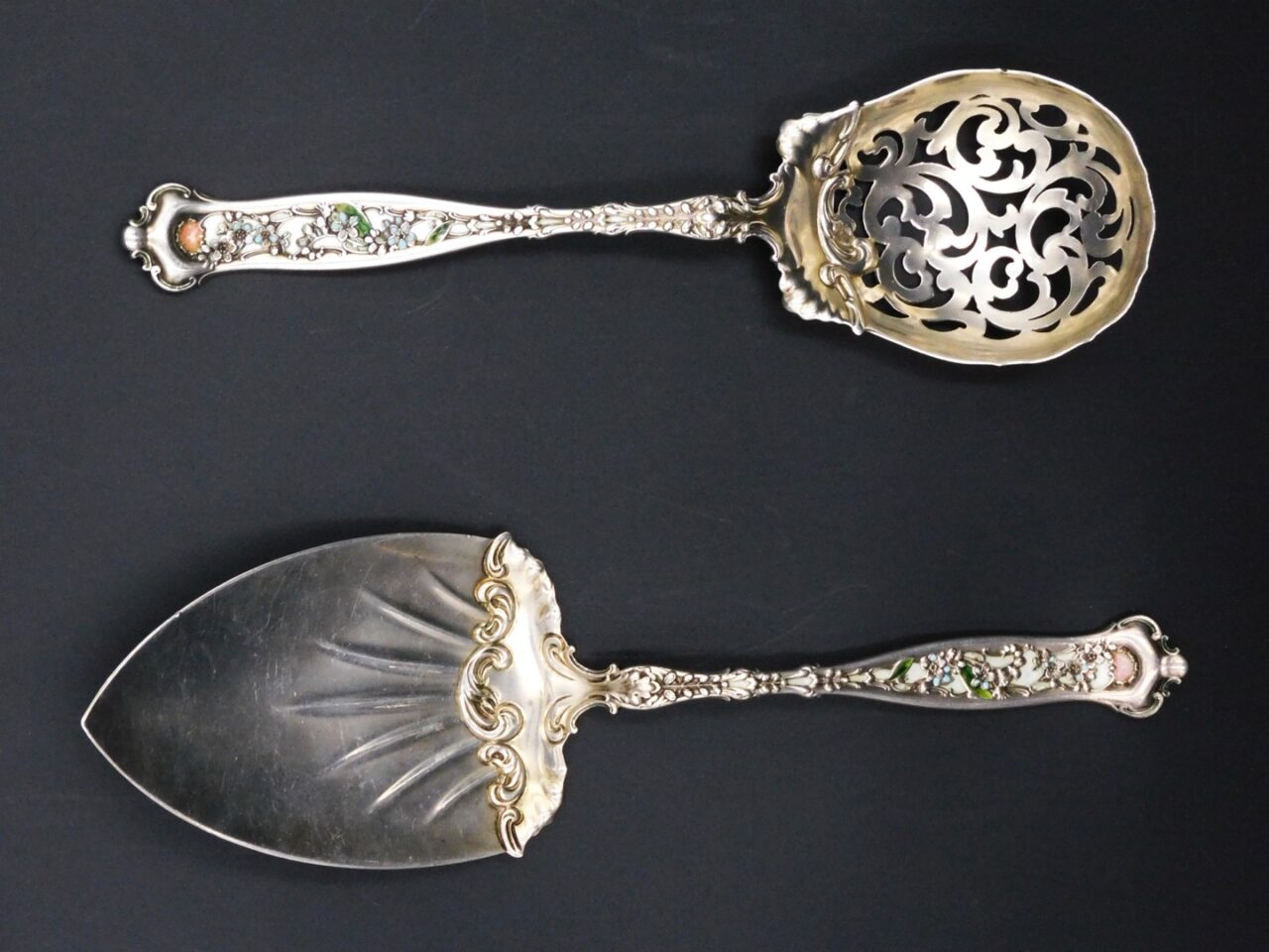 (2) Whiting Enameled Sterling Serving