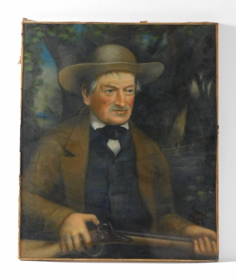 George Gardner Fish (1849-1880) Crayon Pastel Portrait of Peleg Savery (1764-1849) with Flintlock Rifle