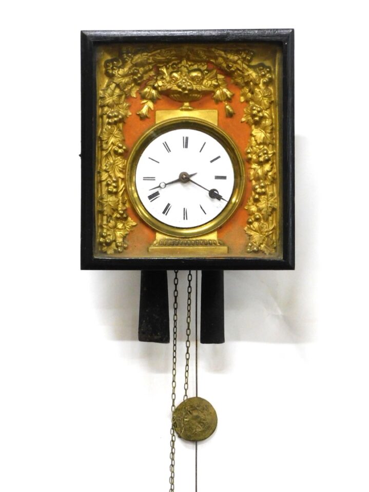 Continental Wall Clock by Unknown Artist. 19th c. Picture Frame Style with Porcelain Dial and Embossed Brass Trim.