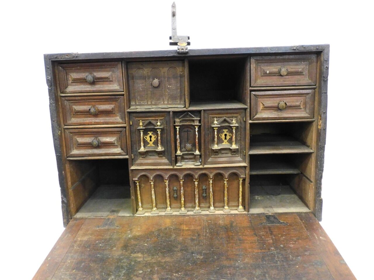 Iron Bound Walnut Vargueno Desk.