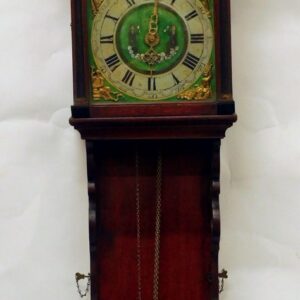 Continental Wall Clock by Unknown Artist. 19th c. Walnut case with figural finials of angels and Atlas. Village scene face.