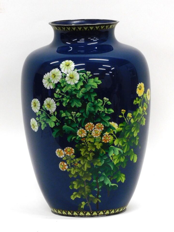 Large Japanese Cloisonné Vase by Unknown Artist. Meiji Period. Exceptional Floral Design. Hairlines and Enamel Loss. 18 1/2" High.