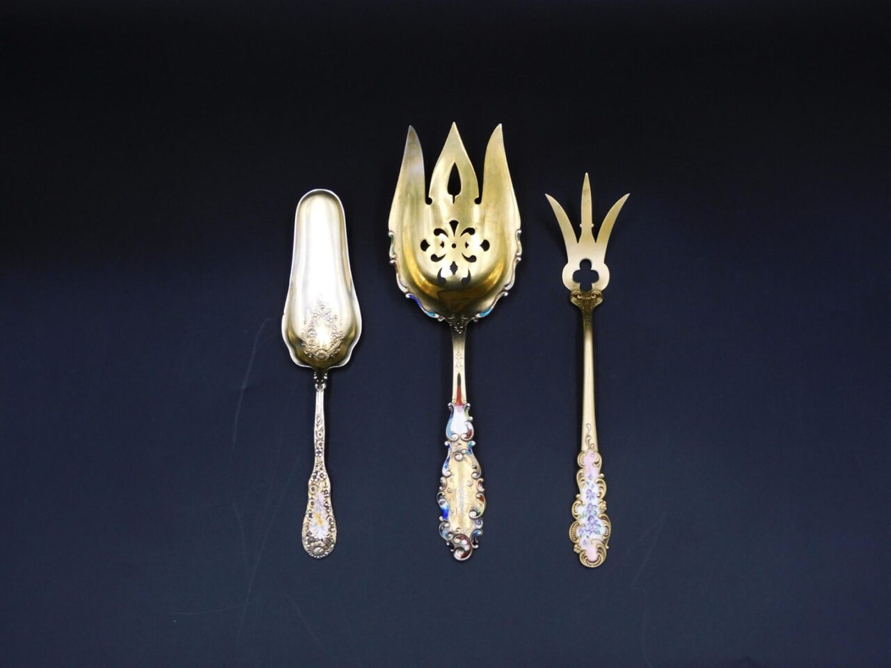 (3) Sterling Enameled Serving Pieces.