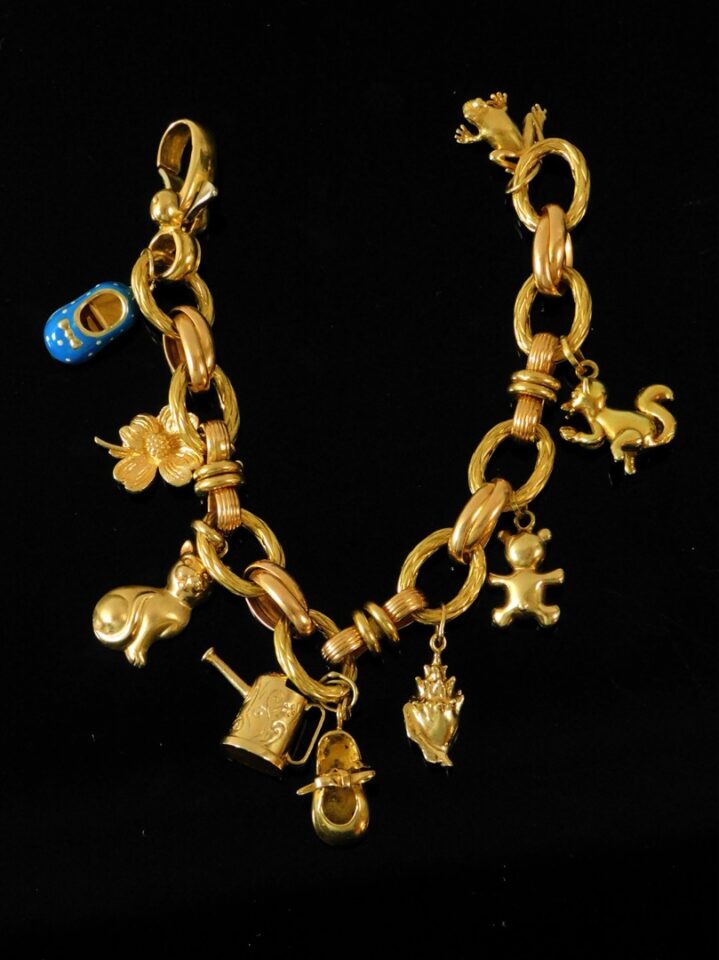 Antique 10K Yellow Gold Charm Bracelet with 9 Charms