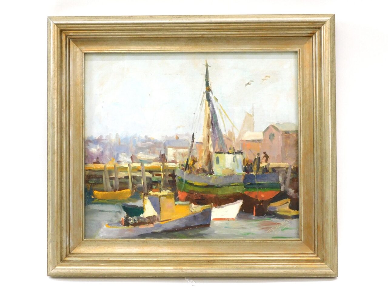 Paul Beaden Hudder (1897-1991) "Gloucester Docks" 1930 Oil Painting in Silver Gilt Frame.