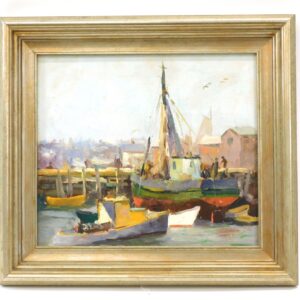 Paul Beaden Hudder (1897-1991) "Gloucester Docks" 1930 Oil Painting in Silver Gilt Frame.