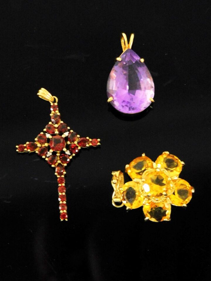 Three Gold Pendants with Amethyst