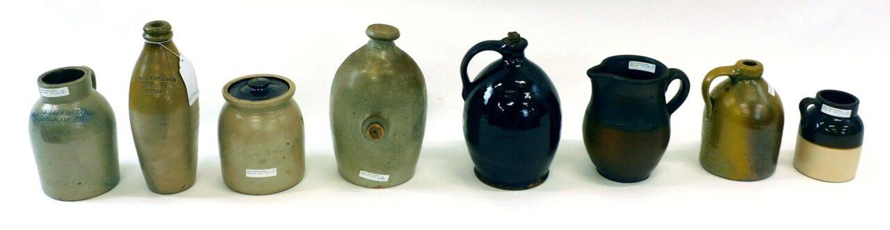 (8) Stoneware And Redware Jugs Etc.