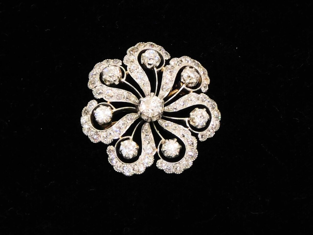 Vintage 14K Yellow Gold & Platinum Spiral Pin with Old European Cut Diamond