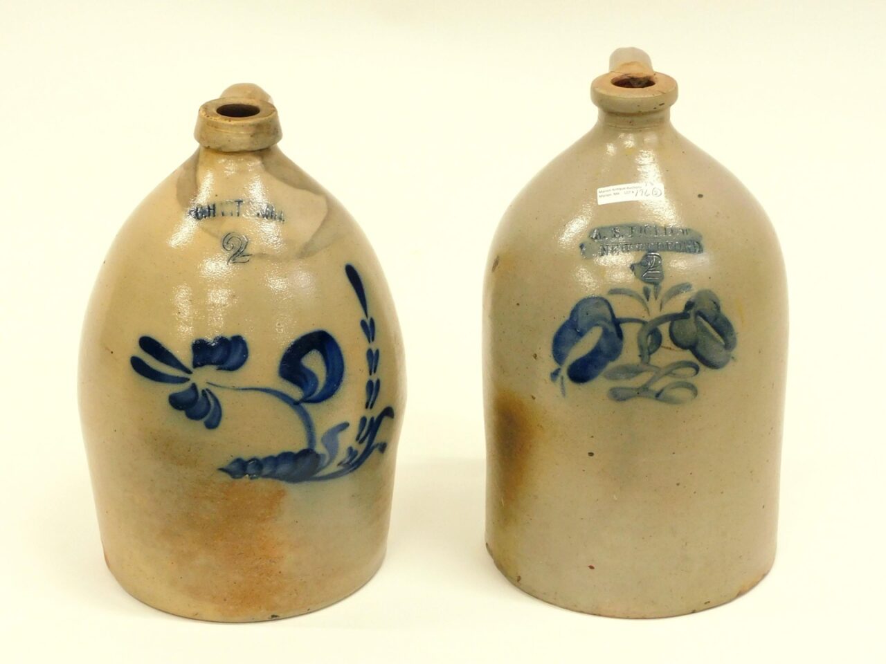 (2) 2-Gallon Blue Decorated Stoneware Jugs