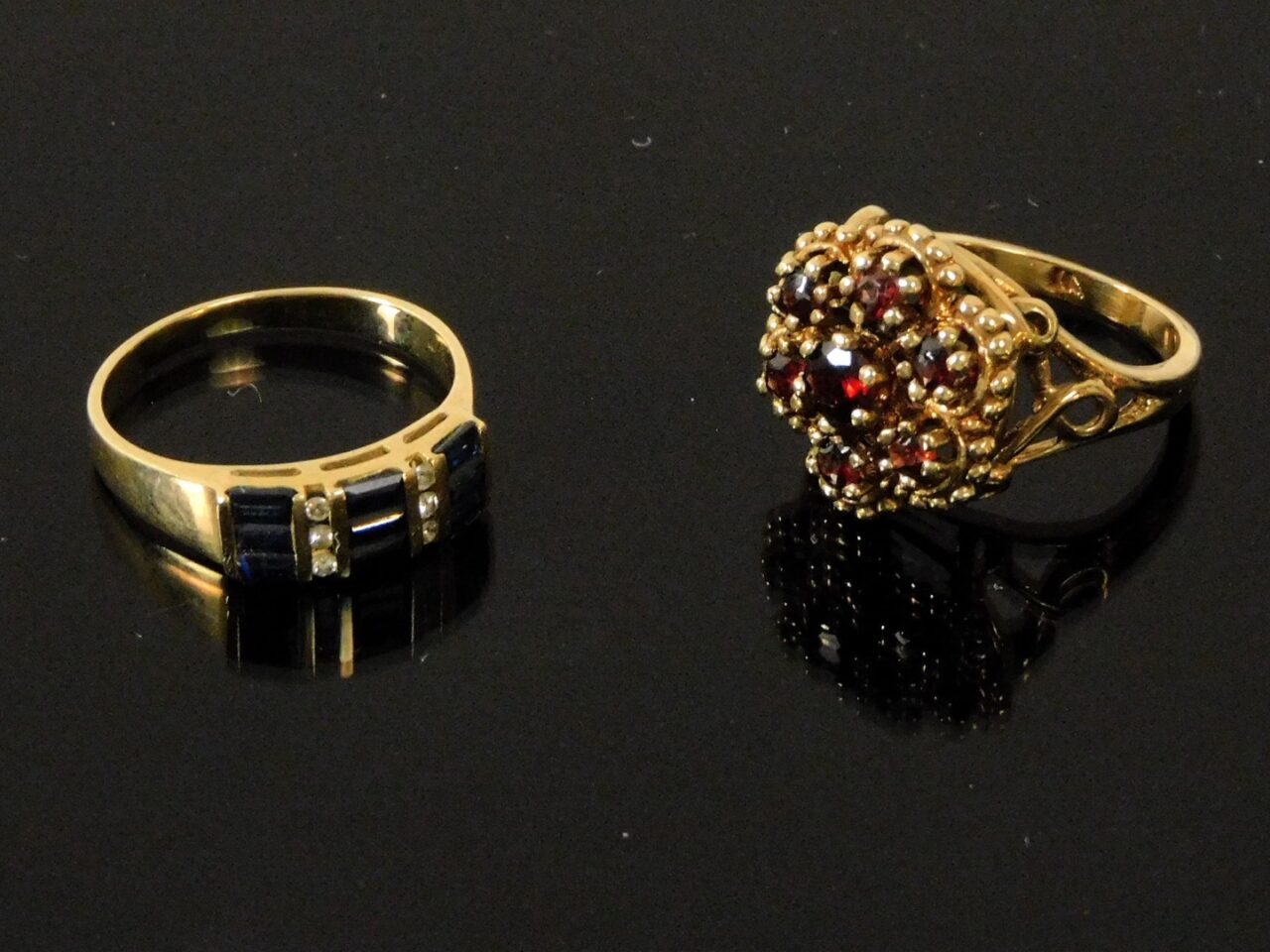 Two Gold Ladies Rings: 14K yellow gold with diamonds and sapphires