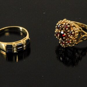 Two Gold Ladies Rings: 14K yellow gold with diamonds and sapphires