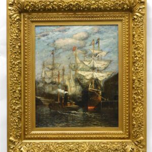 James Gale Tyler (1855-1931) Oil Painting "Ships in Harbor with Steamboat" 19th Century