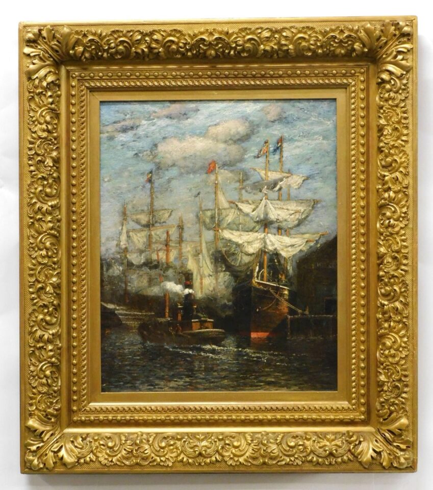 James Gale Tyler (1855-1931) Oil Painting "Ships in Harbor with Steamboat" 19th Century