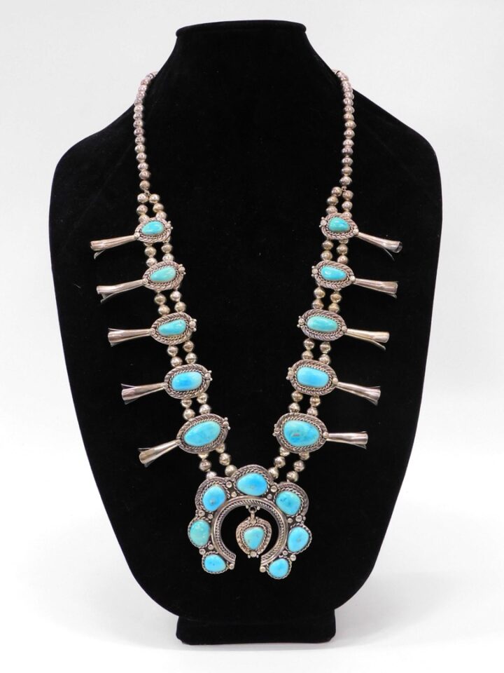 Navajo Silver Squash Blossom Necklace with Turquoise Stones