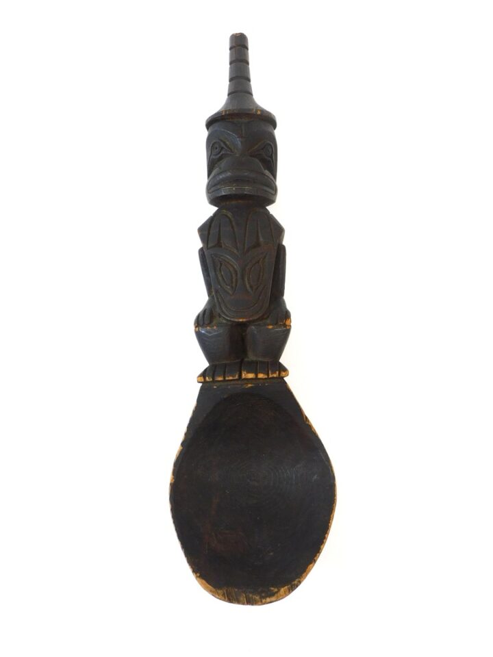 Northwest Coast Cedar Ladle with Kwakwaka'wakw Raven and Bear Carvings