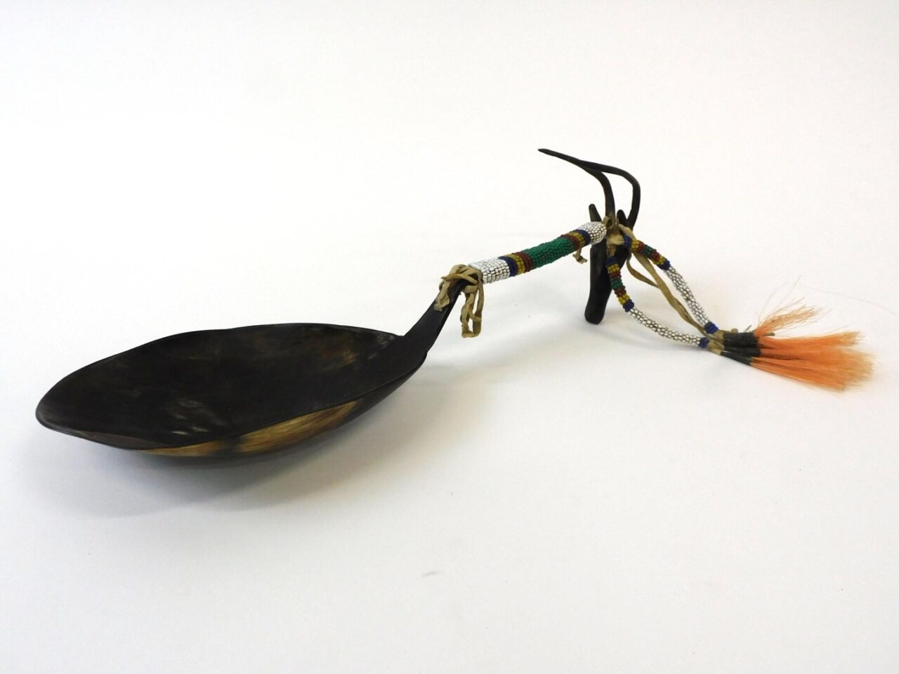 Sioux Effigy Horn Spoon with Beaded Handle and Dyed Horsehair Decorations