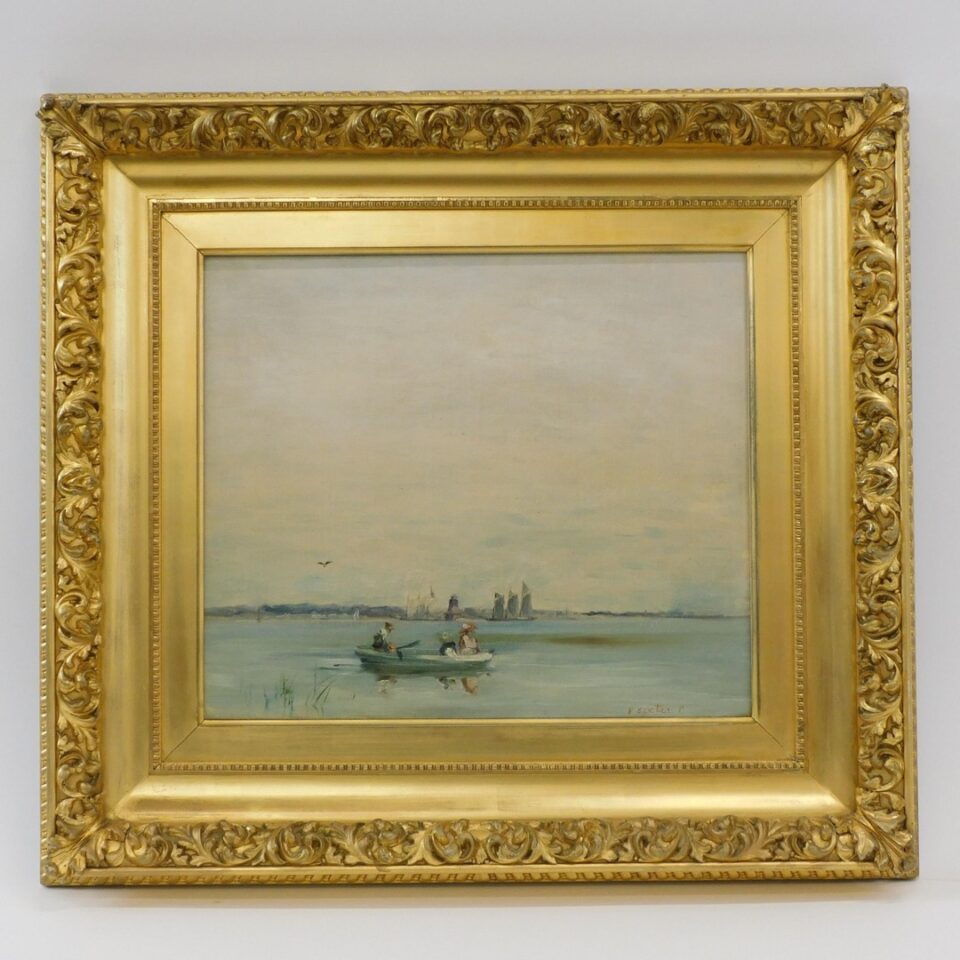 Elijah Baxter (1849-1939) Oil on Canvas "Narragansett Bay with Row Boat" 19th Century.