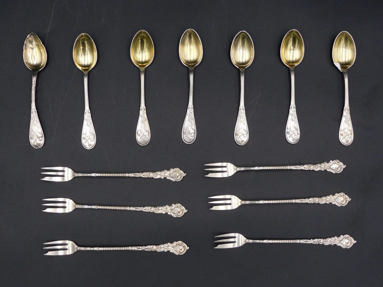 Lot of (13) Antique Silverware Pieces by Gorham and Tiffany. Victorian and Audubon Patterns. 6" and 4 3/4" long.