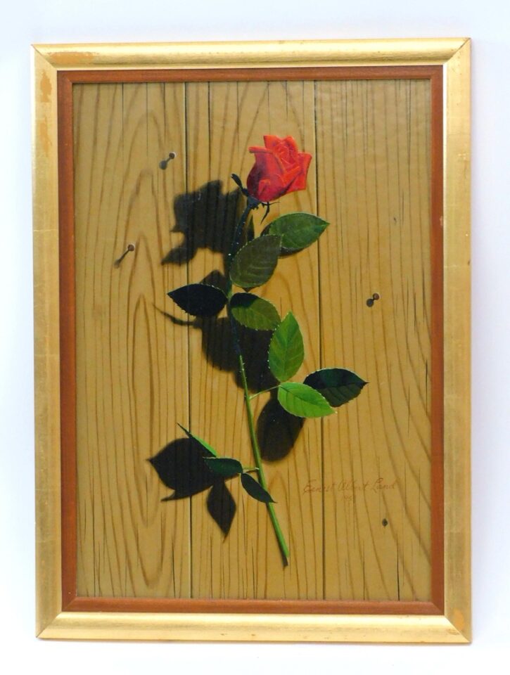 Ernest Albert Land (B.1918) Still Life Trompe l'Oeil Rose 1954 Oil on Board Painting Auction Catalog