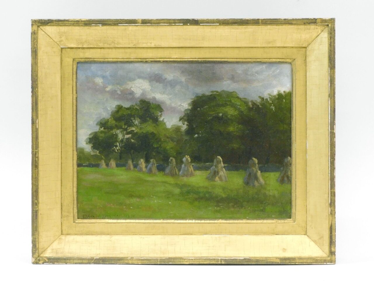 Frank Howard Marshall (1866-1945) "Haystacks" 1890 Oil Painting on Artist Board in Gilded Frame Auction Catalog Listing