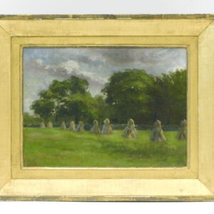 Frank Howard Marshall (1866-1945) "Haystacks" 1890 Oil Painting on Artist Board in Gilded Frame Auction Catalog Listing