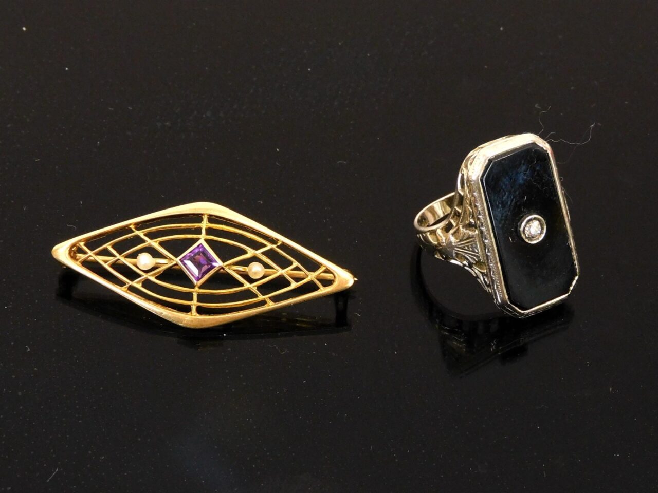 (2) Vintage Gold Ring And Pin.