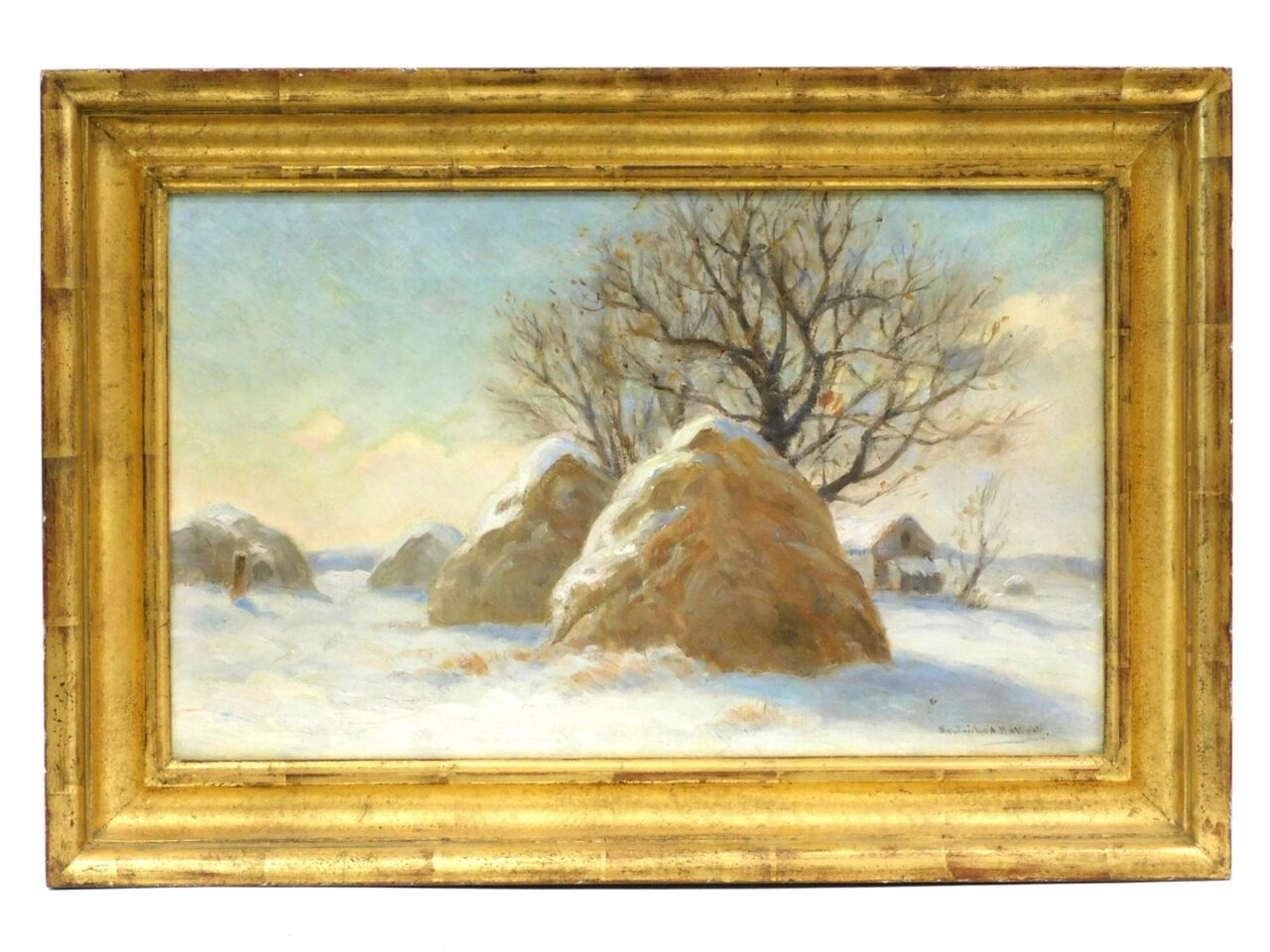 Hendricks Hallett (1847-1921) Snowscape with Salt Marsh and Hay Stacks