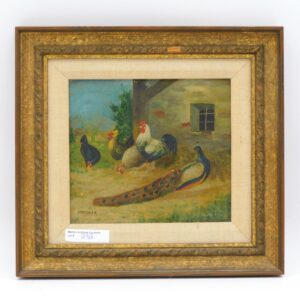 Rudolf Stoitzner (1873-1933) Austria Oil on Board Painting Barnyard Scene with Chickens and Pheasant 19th Century