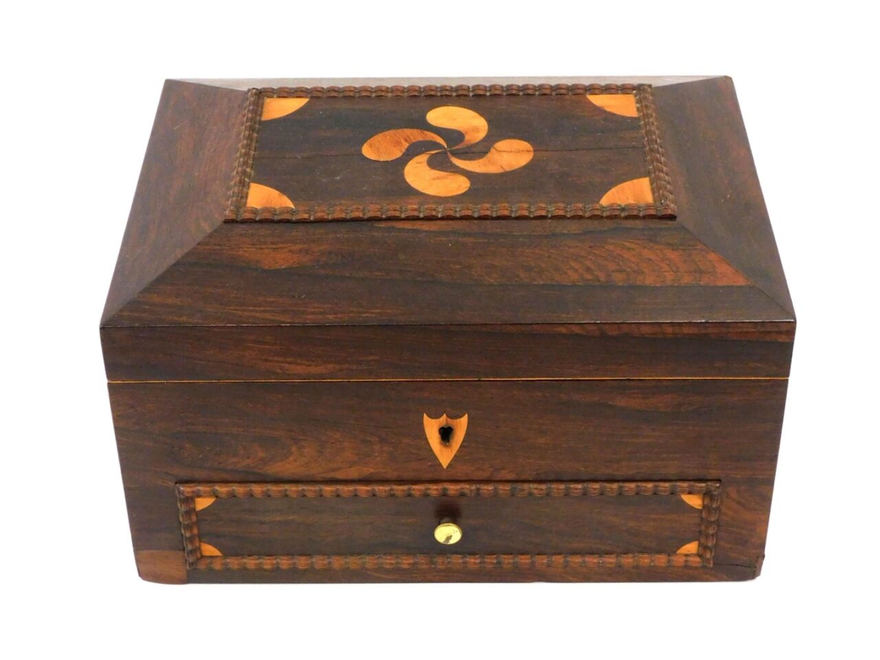 19th c. Mahogany Inlaid Box with Pinwheel Design