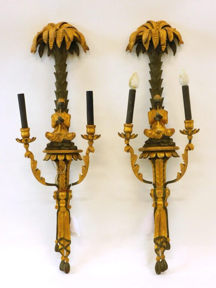 Pair of Carved Gilt and Ebonized Wall Sconces by Unknown Artist