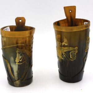 Pair of Folk Art Relief-Carved Horn Cups by Unknown Artist