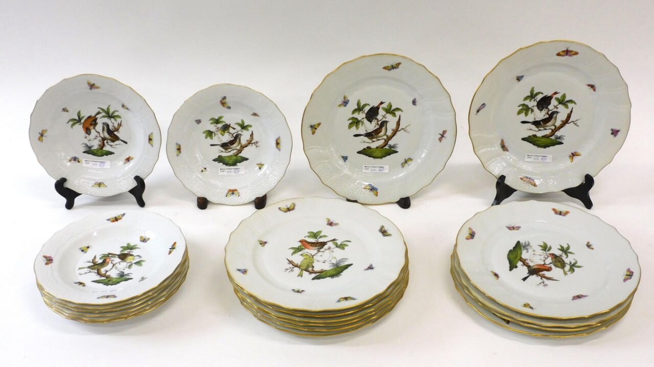 Herend Hand-Painted Porcelain Plates with Birds and Butterfly Decoration