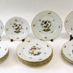 Herend Hand-Painted Porcelain Plates with Birds and Butterfly Decoration